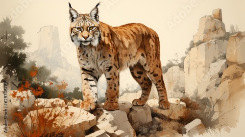 Iberian lynx in nature illustration. Iberian lynx save animal. illustration Ai generated