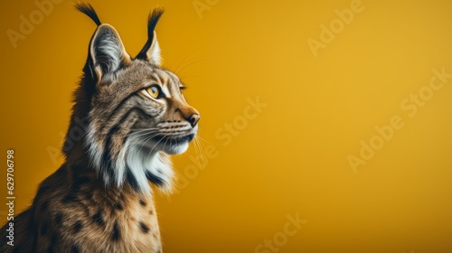 Portrait of an adult Iberian lynx on dark yellow background. Iberian lynx Rare animal Ai generated