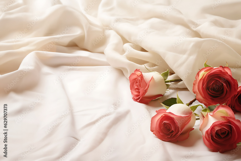 Red and white roses on white sheets with copy space. Closeup of beautiful flowers. Festive backdrop with space for text. Birthday, Valentines day, international females day concept Red and white roses on white sheets with copy space. Closeup of beautiful flowers. Festive backdrop with space for text. Birthday, Valentines day, international females day concept