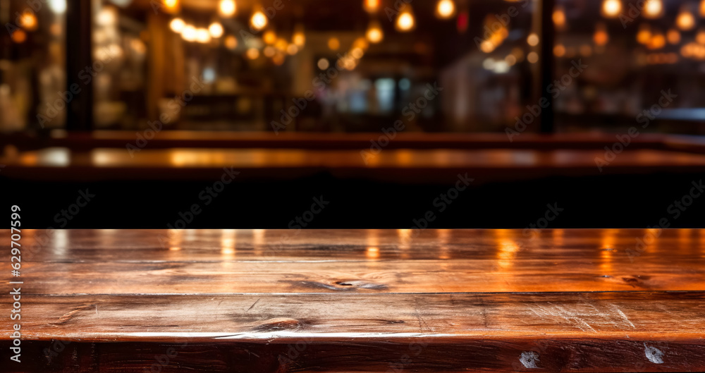 Top of wooden table on blur background with lights of bar, cafe, coffee shop or restaurant. Using for mock up template for display of your design, digital ai