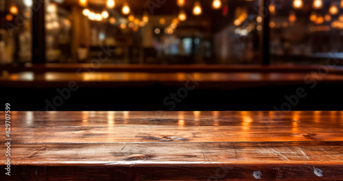 Top of wooden table on blur background with lights of bar  cafe  coffee shop or restaurant. Using for mock up template for display of your design  digital ai