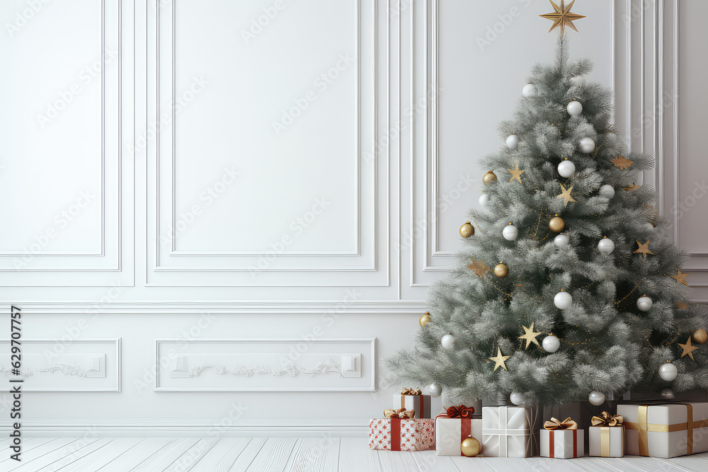 Minimalistic light Christmas interior, with a white blank empty wall and a decorated Christmas tree on the side. Creative banner greeting card Happy New Year mockup. 