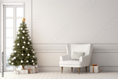 Minimalistic light Christmas interior  with a white blank empty wall and a decorated Christmas tree on the side. Creative banner greeting card Happy New Year mockup. 