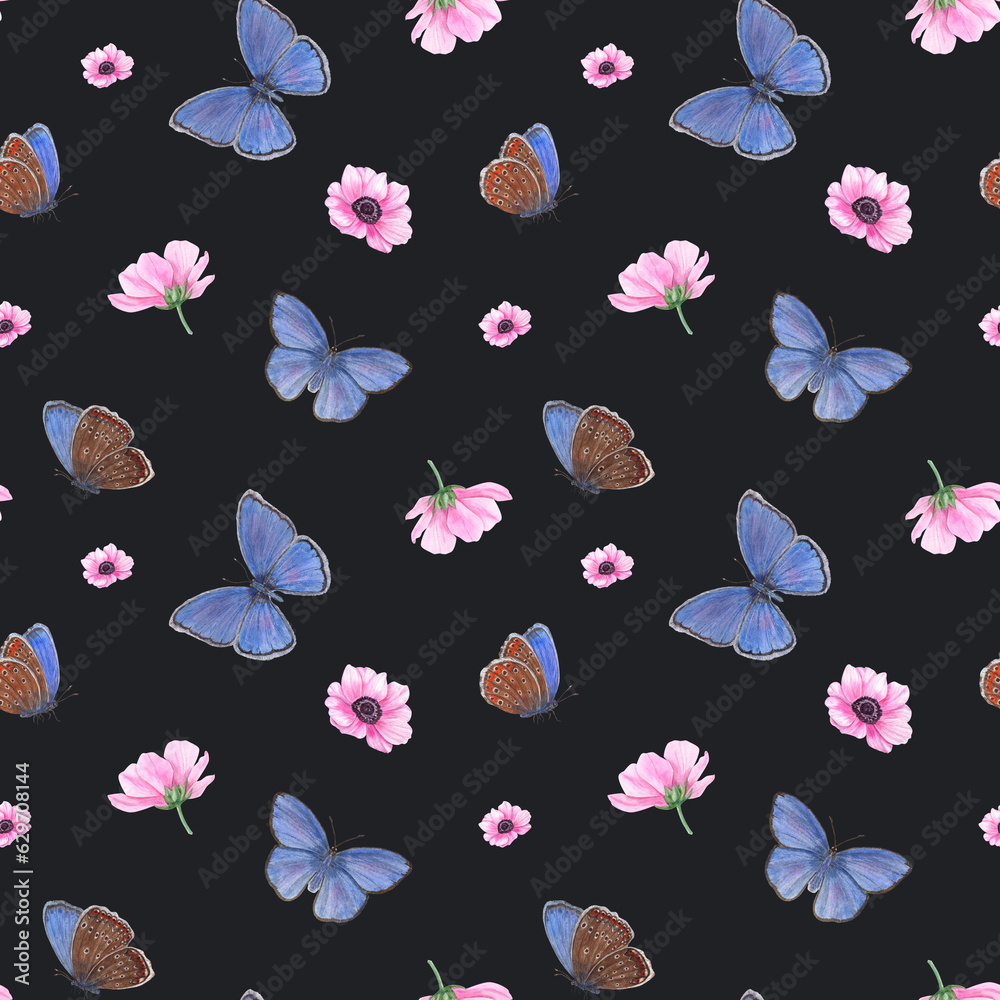 Flying Blue Butterflies and Pink Blooming Anemone. Scarce Copper Butterfly, Spring Flower. Illustration isolated on black background. Watercolor seamless pattern. For textile, scrapbooking, wrapping.