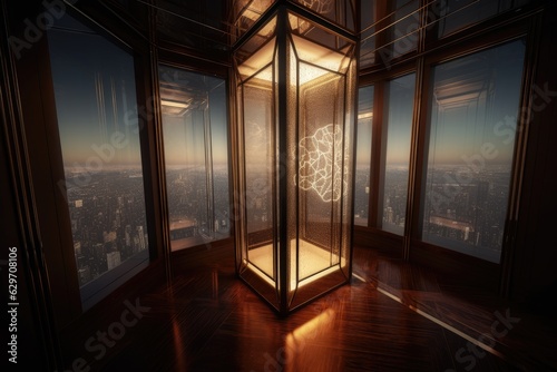 Panoramic luxury elevator in a skyscraper., generative IA