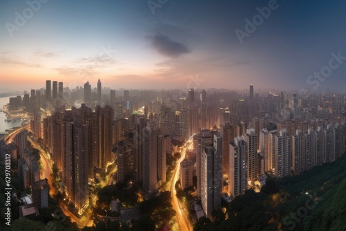 Modern city in harmony with nature: skyscrapers, parks and rivers. Magical sunsets., generative IA