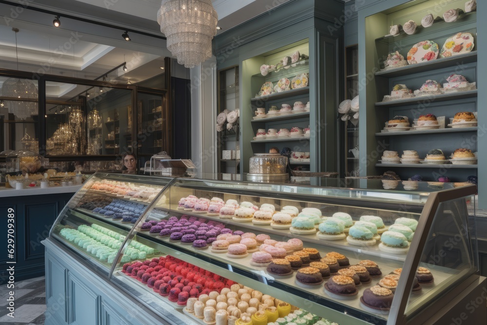 Charming sweet shop with colorful cupcakes and handmade sweets. Irresistible aroma., generative IA