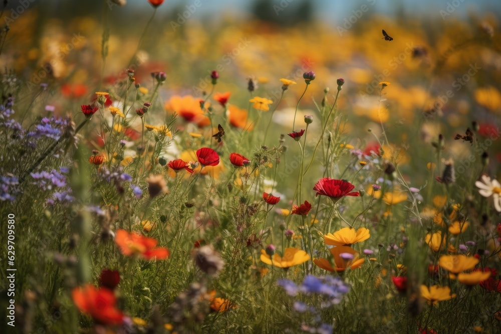 Flowering field: explosion of natural colors with bees and butterflies dancing among the flowers., generative IA