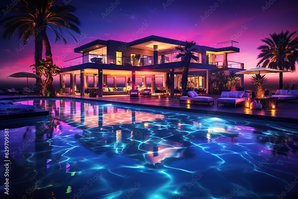 People in the pool party at night. Ai art.