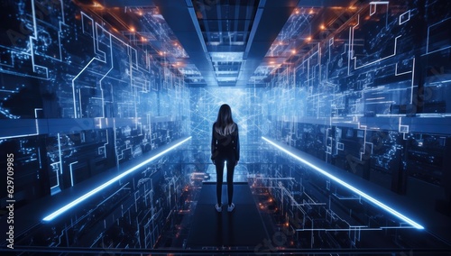 business woman standing in the middle of a large data center Generative AI