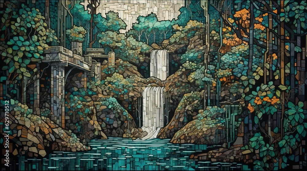 Waterfall in forest. In style of pixel vector illustration. Generative AI