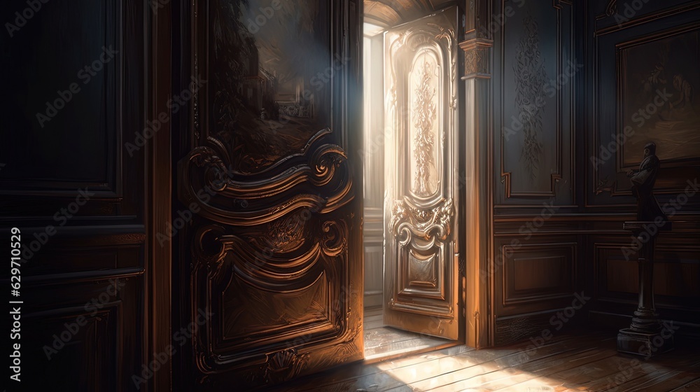 Ornate wooden door. Generative AI Ornate wooden door. Generative AI