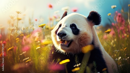 Cartoon smiling panda bear in flowers meadow. Generative AI