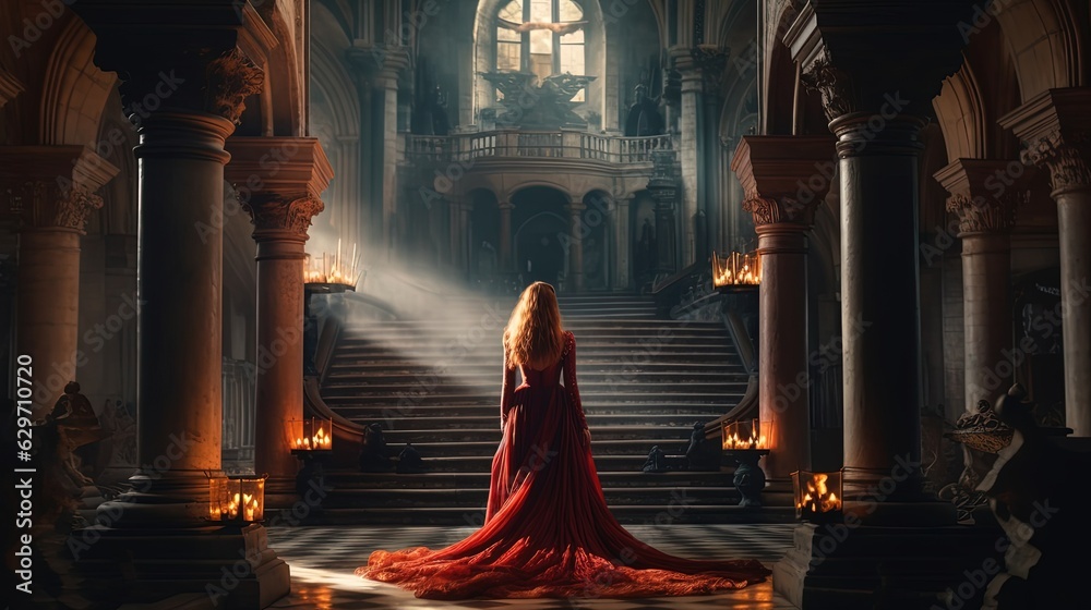Woman in long red dress walking in gothic palace. Generative AI