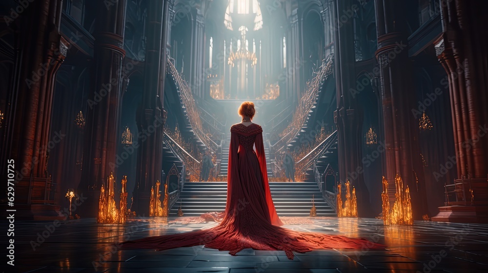 Woman in long red dress walking in gothic palace. Lady standing with her back in ancient Cathedral. Generative AI