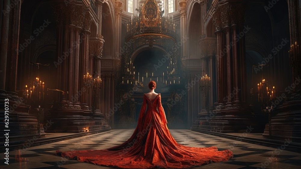 Woman in long red dress walking in gothic palace. Generative AI