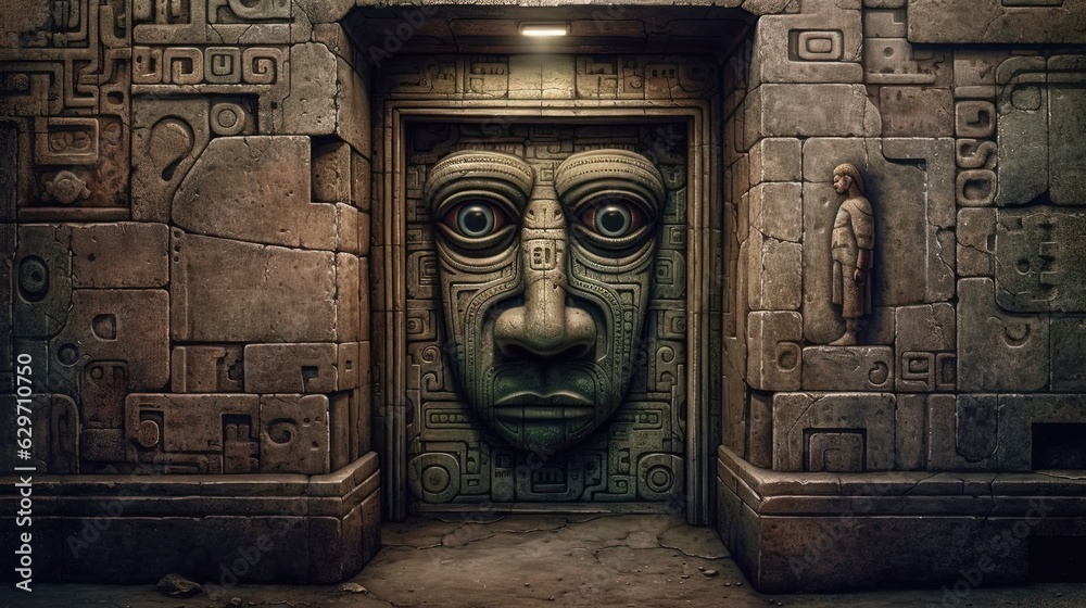 Ancient stone doorway architecture with idol face. Generative AI - obrazy, fototapety, plakaty 