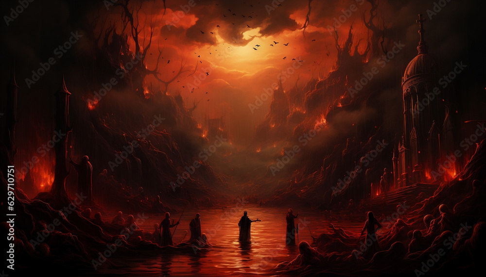 Obraz premium Sinister Illustration of Lost Souls in the Depths of Hell
