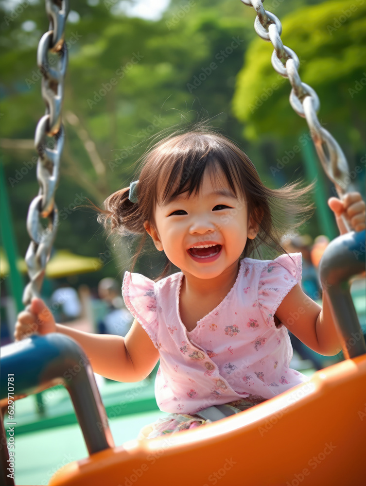 Young girl is sitting on swing and smiling. She appears to be enjoying