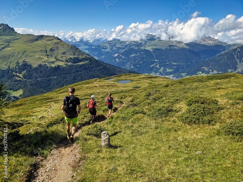 Trail running in the Swiss mountains. Run in a breathtaking environment. Trail run on narrow paths. Trailrun, running. High quality photo photo