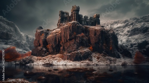 Shale rock castle in winter lake. Generative AI