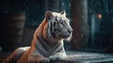 White tiger under rain. Generative AI