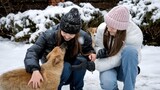 Happy teenage girls playing with their dog at winter in snow. Kids with animals, games with pets.