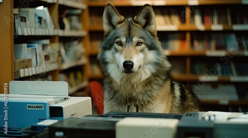 Wolf in library. Wolf in bookstore. Generative AI
