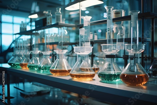Ein wissenschaftliches Labor mit Chemikalien in Gläsern.