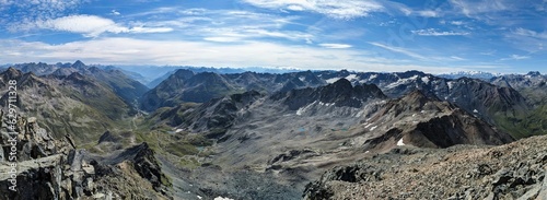 Mountain panorama from the Schwarzhorn, Davos Klosters Mountains. Hiking from the Flüela Pass. Wanderlust in the Graubünden mountains. High quality photo