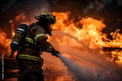 Ein Feuerwehrmann im Einsatz, der mit einem Schlauch gegen die Flammen kämpft
