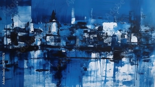 Abstract blue metropolitan. Cityscape. In style of acrylic painting illustration. Generative AI