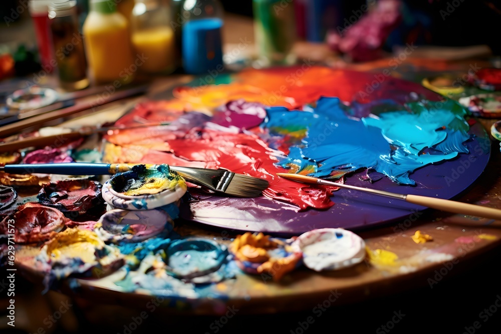 Die Farbpalette mit den Pinseln eines Künstlers. Die Farbpalette mit den Pinseln eines Künstlers.