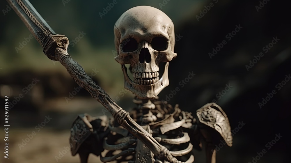 Skeleton holding sword. Figurine of skeleton. Close-up. Generative AI Skeleton holding sword. Figurine of skeleton. Close-up. Generative AI