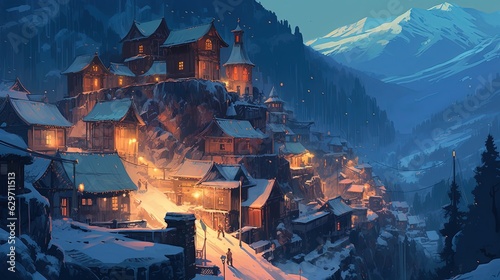 Village in winter mountains. City in winter mountains. Houses in winter landscape. Generative AI