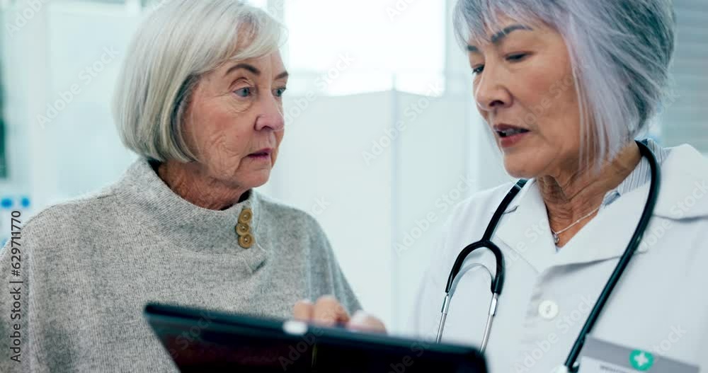 Healthcare, senior woman and doctor with a tablet, results or consulting with telehealth, talking or advice. Medical professional, elderly lady or consultation with technology, help or insurance plan Healthcare, senior woman and doctor with a tablet, results or consulting with telehealth, talking or advice. Medical professional, elderly lady or consultation with technology, help or insurance plan