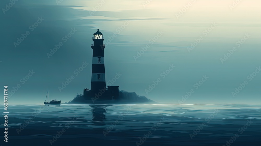 Lighthouse in ocean. Foggy seascape. Generative AI