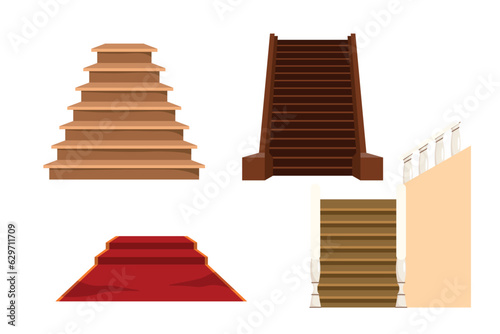 Vector illustration of various stairs: wooden stairs with handrails to the second floor, stairs with columns, red carpet in cartoon style.