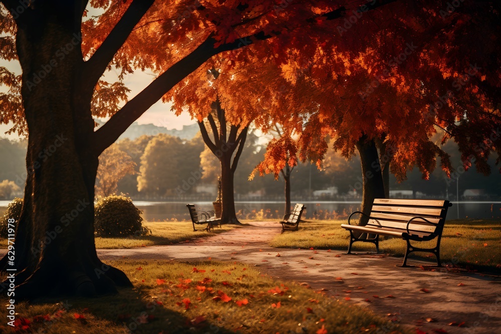 Naklejka premium Ein Stadtpark mit einer Parkbank.