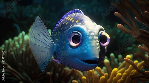 Cartoon blue fish. Cartoon fish character. Generative AI © Soulmate