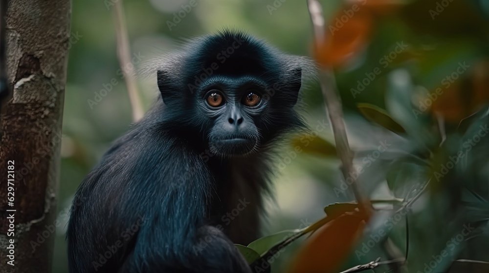 Black dusky leaf monkey. Close-up. Black background. Generative AI Black dusky leaf monkey. Close-up. Black background. Generative AI