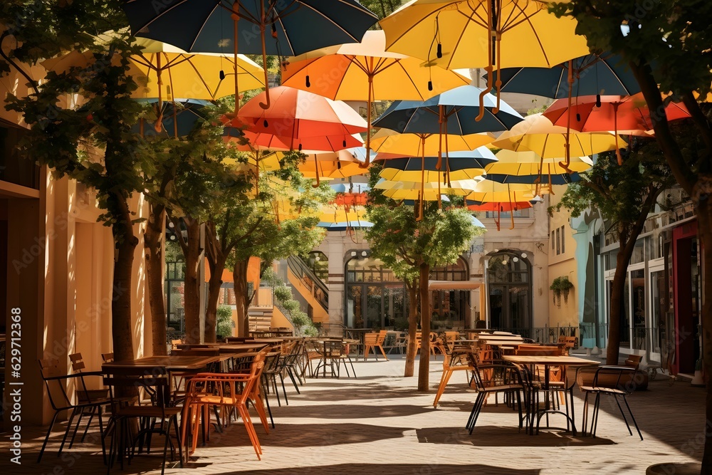 Ein Straßencafe mit buten Regenschirmen.