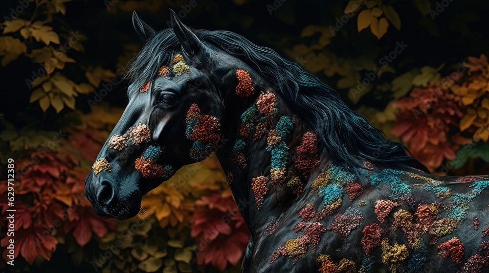 Black horse. Close-up. Fantasy black horse with colored fur. Generative AI