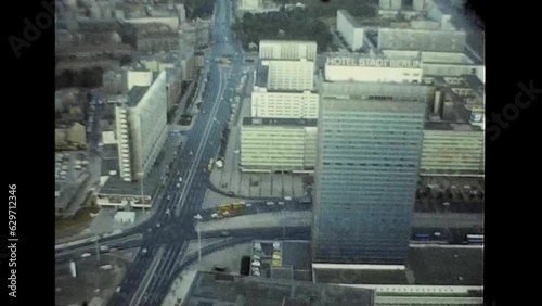 View from the television tower, Hotel Stadt Berlin, high-rise buildings, East Berlin, GDR, October 1980