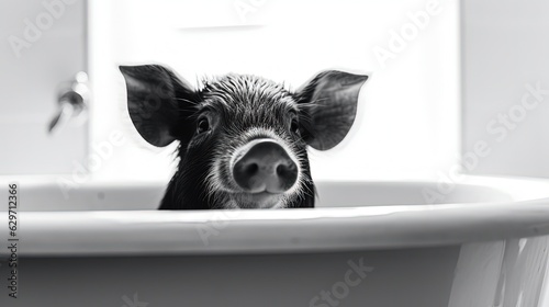 Piglet in bathtub. Black and white. Close-up. Pig. Generative AI