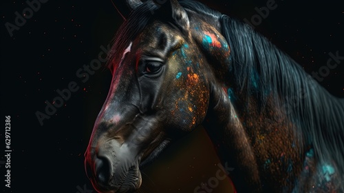 Black horse. Close-up. Fantasy black horse with colored fur. Generative AI
