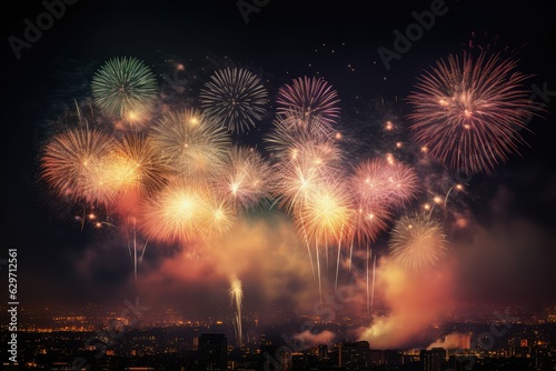 Colorful beautiful fireworks over city at night, AI