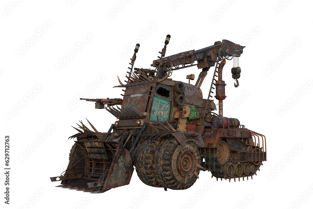 Fantasy post apocalypse wasteland vehicle with machine gun. Isolated 3D illustration. Fantasy post apocalypse wasteland vehicle with machine gun. Isolated 3D illustration.