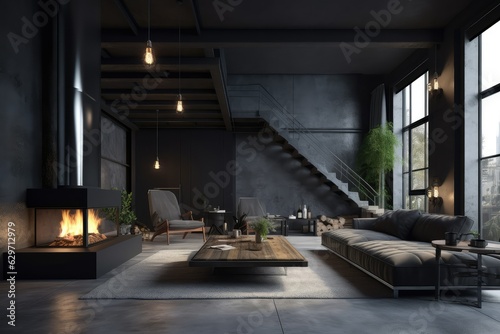 Dark living room loft with fireplace industrial style  AI