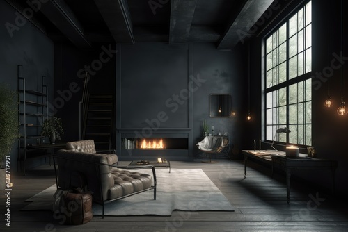 Dark living room loft with fireplace industrial style, AI generated